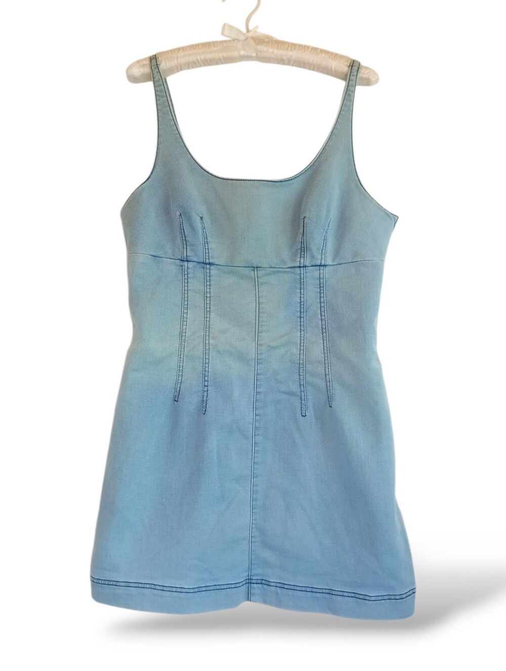 No Boundaries Light Blue Denim Mini Tank Dress Cute Stretchy Jumper Scoop Neck M